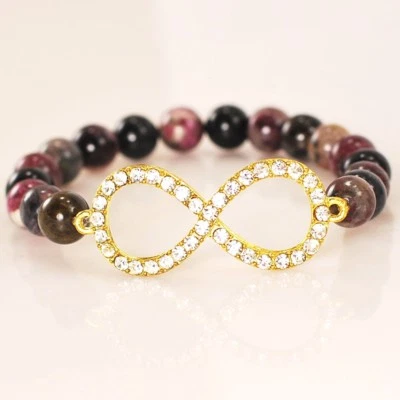 Pulsera elástica de turmalina natural y circonitas cúbicas con dije "infinito" 7,5" Foto 1 de 2