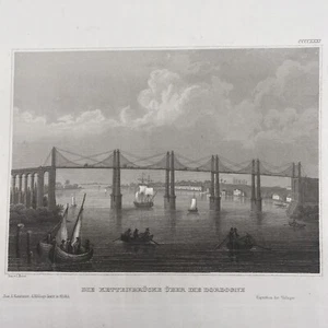 Antique 1800s The Chain Bridge Over The Dordogne Engraving Print - Picture 1 of 5