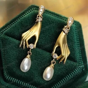 Pendientes Largos Plata Oro Vintage Estilo Art Deco Manos Oro Cristal Perla Reino Unido - Imagen 1 de 4