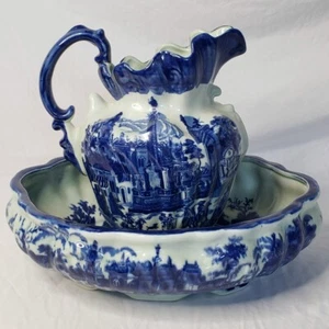 Antique Victoria Ware Ironstone Flow Blue Pitcher & Wash Basin Set - Large - Picture 1 of 11