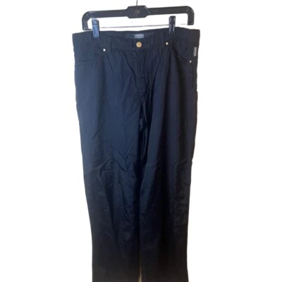 Calça Versace Jeans Couture Medusa Vintage Preta Brilhante Cintura Feminina 32 Itália - Imagem 1 de 4