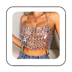 Rhinestones Bra Chain Top Silver Halter Crystal Chest Body Chains Beach Bikin... - Picture 1 of 6