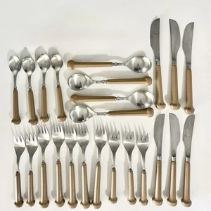 24 DENBY ENGLAND SEVILLE FLATWARE SET BEIGE STAINLESS STEEL STONEWARE SILVERWARE - Picture 1 of 7
