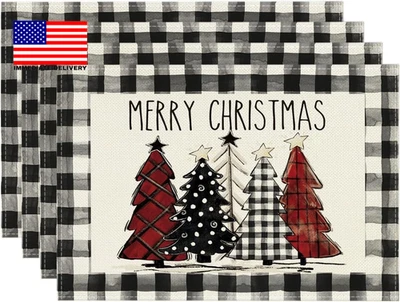 Waterclor Buffalo Plaid Christmas Trees Placemats Set of 4, 12X18 Inch Winter Ta - Image 1 of 4