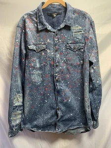 Camisa de Carbono Unisex Envejecida XL Azul Denim Pintura Salpicaduras Abotonadas - Imagen 1 de 12