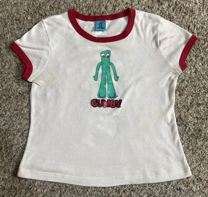 Vintage 2003 Gumby Ringer Baby Tee Juniors Sz Large Y2K White & Red Accent - Picture 1 of 13