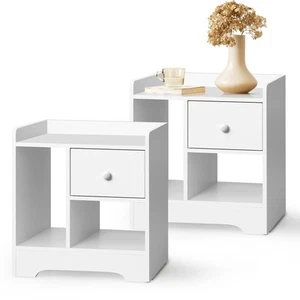 Oikiture Bedside Tables Set of 2 Side Table Nightstand Storage Shelf White - Picture 1 of 10