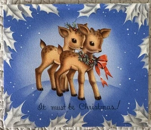 Tarjeta de felicitación vintage con arco rojo par de hojas de ciervos de Navidad años 40 años 50 difícil de encontrar sin usar - Imagen 1 de 3