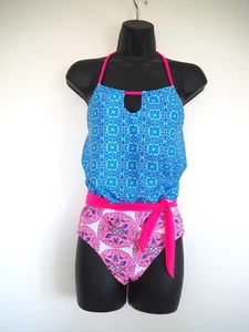Nicole Miller One Piece Halter Swimsuit Blue Pink Mandala Swimsuit Sz Small NWT - Picture 1 of 15