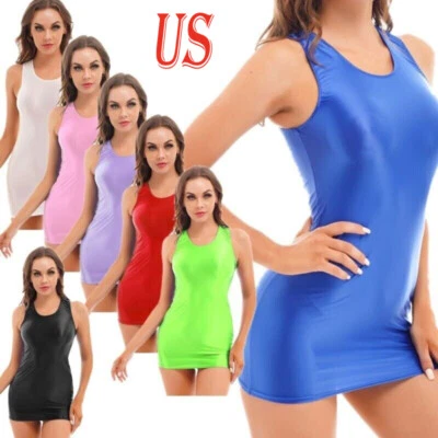 Mini vestido ajustado sin mangas liso brillante transparente de satén ceñido al cuerpo para mujer Foto 1 de 3