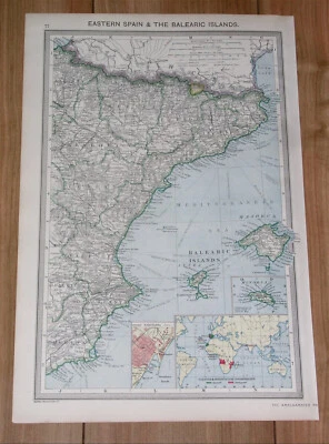 1908 MAPA ANTIGO DO LESTE DA ESPANHA CATALÔNIA BARCELONA / ILHAS BALEARES MAJORCA - Imagem 1 de 4