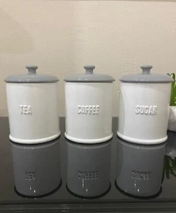 Set of 3 White Tea, Coffee, Sugar Canisters with Grey Lids & Handles - Picture 1 of 8