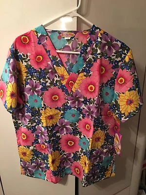Silky Scrubs Microfiber Polyester Scrub Work Top Uniform Flowers Pink BlueMedium - Image 1 of 2