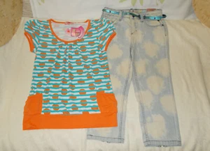 NWT Girls Outfit Sz 12 Dot Stripe Top~Blue Tie Dye Jeans Capri Mudd Jewel 12 14 - Picture 1 of 5