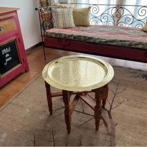 Handgefertigt marokkanisch 20" Runde Messing Tablett Teetisch mit klappbarem Holzständer Neu - Bild 1 von 44