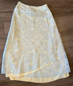 J JILL Linen Blend Midi Skirt Blue Yellow Tier Layer Overlay Long Faux Wrap 8 M - Picture 1 of 3