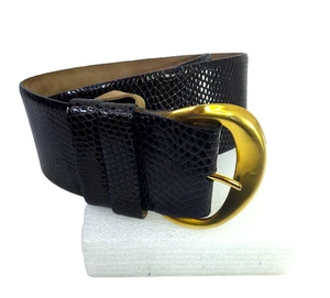 Vintage 1980er Donna Karan breiter echter Echse braun/goldener Schnalle Gr. M Gürtel Italien. - Bild 1 von 15