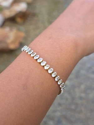 Pulseira de tênis folheada a ouro 18K pedras ovais impermeável antimanchas 6,5 polegadas - Imagem 1 de 4