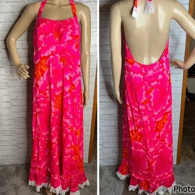 Maxi Vestido de Sol Fumi’s Vintage Hawaiano Rosa Floral Halter Años 70 M Mediano Foto 1 de 4