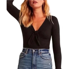 ABERCROMBIE & FITCH schwarzer weicher Body V-Ausschnitt vorne zum Binden S Small $ 45 neu ohne Etikett - Bild 1 von 9