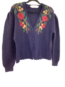 Suéter de Lana Retro Tejido Azul Marino Bordado Floral Talla L Capricho Cabaña - Imagen 1 de 5