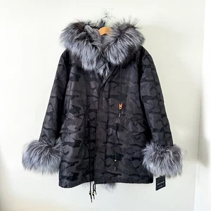 NWT Linda Richards Camouflage Fur Lined Zip Up Cargo Jacket Gray L - Picture 1 of 15