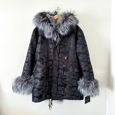 NWT Linda Richards Camouflage Fur Lined Zip Up Cargo Jacket Gray L - Image 1 of 4