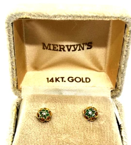 14K Vintage Yellow Gold and Emerald Flower Pierced Earrings - Picture 1 of 4
