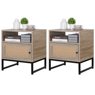 2PCS Accent Bedside Farmhouse Tables w/ Metal Legs Storage Rattan Door Drawer - Image 1 of 4