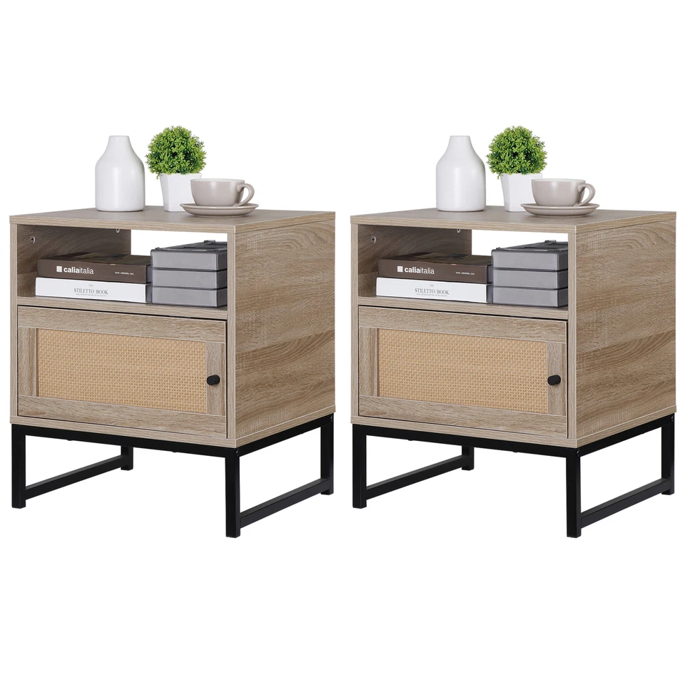 Rattan Nightstand Set of 2 End Table with Storage for Bedroom or Living Room Oak - Image 1 of 4