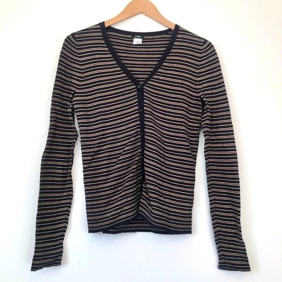 J. CREW Microstripe Cardigan Navy Blue Tan Elbow Patch Cotton WOOL Sweater sz XS - Image 1 of 4