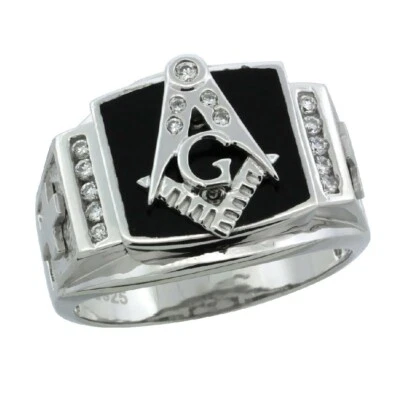 Uomo Argento Sterling Onice Nera Massonico Anello W/ Cz & Satinato Croci Su Lati - Immagine 1 di 2