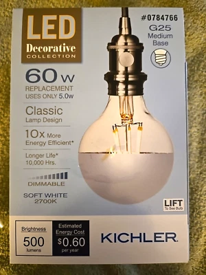 Kichler LED 60W/5W G25 - Silver Tip, Dimmable, Soft White 2700K-Dimmable 0784766 - Image 1 of 4