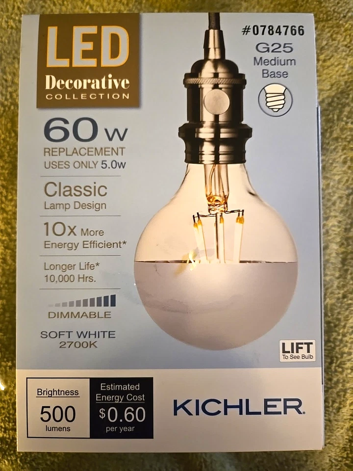Kichler LED 60W/5W G25 - Silver Tip, Dimmable, Soft White 2700K-Dimmable 0784766 - Image 1 of 4