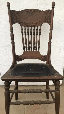 Antique OAK Spindle Dining Chair Tooled Leather Seat Farmhouse Cottage Decor Cover