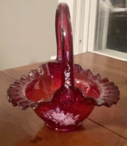 Medium Size Vintage Ruby Red Glass Fenton Basket.  7" Diameter. Floral Embossed. - Picture 1 of 7