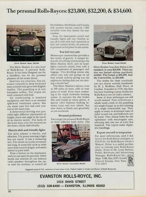 1971 Rolls Royce Silver Shadow Sedan Coupe Convertible Photo Vintage Print Ad - Image 1 of 2