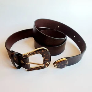 CHICO’S Belt Womens Cowhide Leather Brown w/ Tortoiseshell Buckle & Tip Size L - Picture 1 of 8