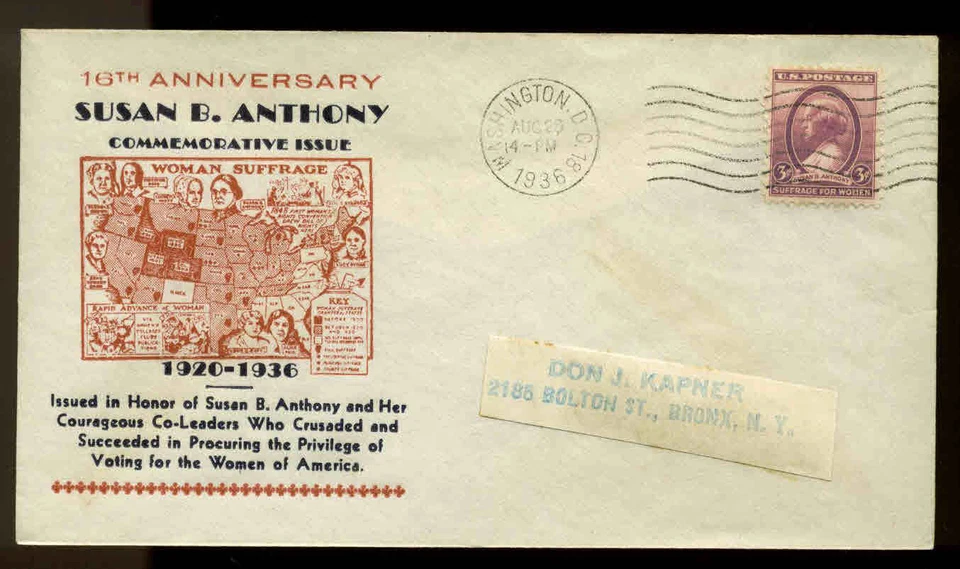 784  ANTHONY FDC WASHINGTON, DC  PLANTY #P12 KAPNER CACHET SENT TO HIMSELF - Image 1 of 1
