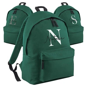 Personalised School Backpack In Bottle Green with Name And Initial for Childrens - Picture 1 of 6