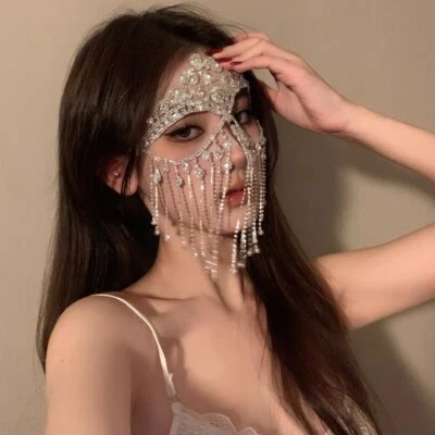 Sexy Women Eye Face Mask Masquerade Chain veil Rhinestone - Image 1 of 4