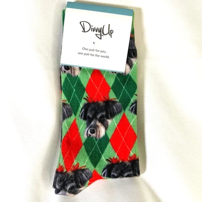 Divvy Up Rojo Verde Vacaciones Argyle Navidad Calcetines Scottie Perro Novedad Calcetines Crew Foto 1 de 4