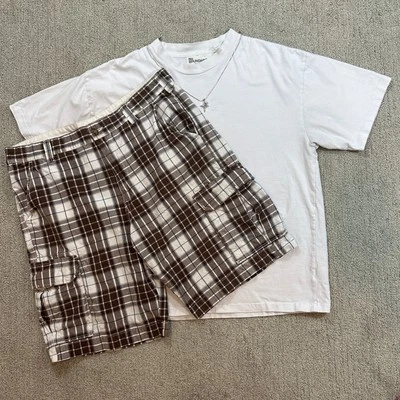 Brown/White Y2K Surf Style Plaid Cargo Shorts - Image 1 of 4