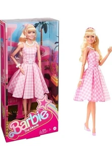 New Barbie The Movie Doll Margot Robbie Collectible Wearing Pink & Gingham Dress - Picture 1 of 7