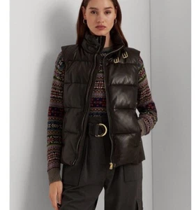 LAUREN RALPH LAUREN Women's 18w Quilted Leather Puffer Vest Brown W Gold - Picture 1 of 13