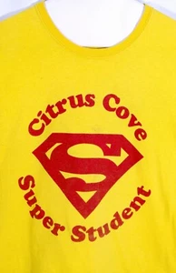 RARE VTG 90s Retro yellow "SUPER STUDENT" superman comic cartoon geek t shirt S - Bild 1 von 4