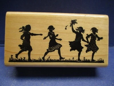 SILUETA NIÑAS JUGAR GOMA ESTAMPIDA GOMA SELLO MADERA MTD 3732F Foto 1 de 4