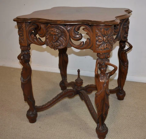 Walnut Lamp Table with Standing Carved Full Bodied Female Figures 1930's Cover
