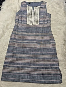 Talbots Dress Linen Blend 6P Blue White Stripe Crochet Trim Sleeveless III-10 - Picture 1 of 17