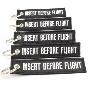 INSERT BEFORE FLIGHT KEYCHAIN QTY= 5 BLACK/white RING TAGS CABIN CREW PILOT - Picture 1 of 3